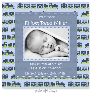 Take Note Designs Digital Photo Birth Announcements - Elliott Reed Trains