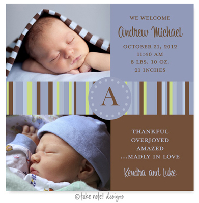 Take Note Designs Digital Photo Birth Announcements - Andrew Michael