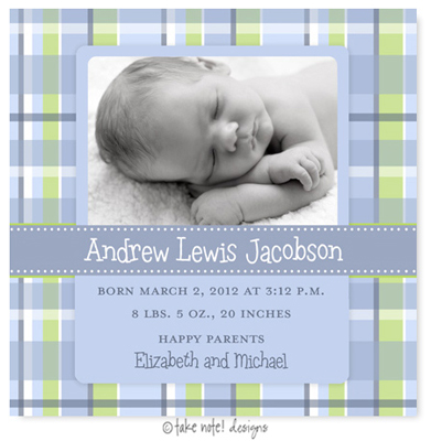 Take Note Designs Digital Photo Birth Announcements - Andrew Lewis Baby Plaid