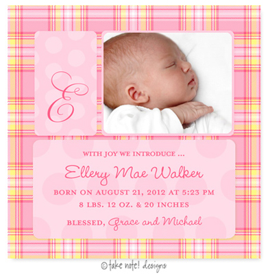 Take Note Designs Digital Photo Birth Announcements - Ellery Mae Pink & Yellow Plaid