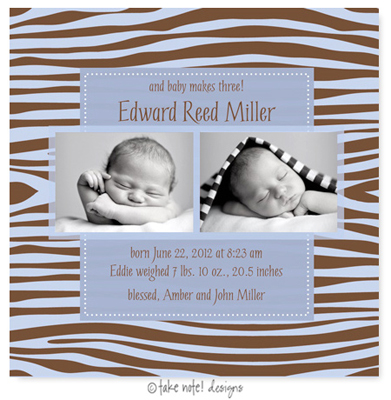 Take Note Designs Digital Photo Birth Announcements - Edward Reed Zebra