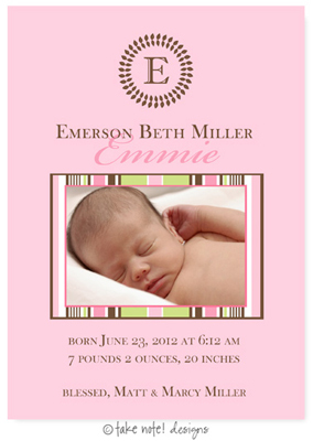 Take Note Designs Digital Photo Birth Announcements - Emerson Beth