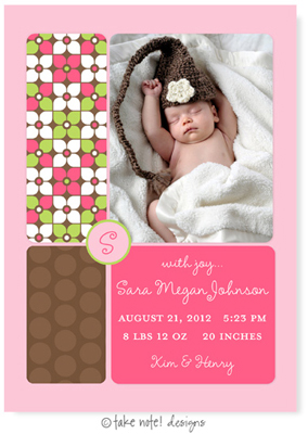 Take Note Designs Digital Photo Birth Announcements - Sara Megan Flowers, Dots & Monogram