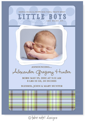 Take Note Designs Digital Photo Birth Announcements - Alexander Gregory Little Boys