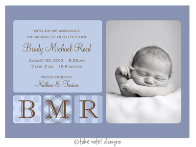 Take Note Designs Digital Photo Birth Announcements - Brady Michael