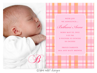 Take Note Designs Digital Photo Birth Announcements - Bethani Anne