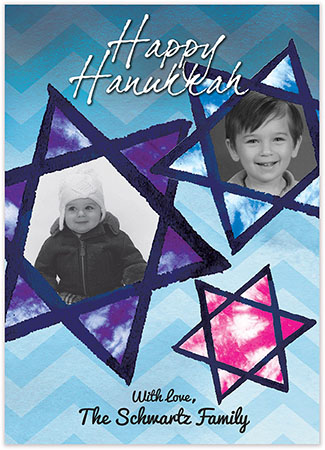 Digital Hanukkah Photo Cards by Bonnie Marcus (Blue Hanukkah Stained Glass Stars)