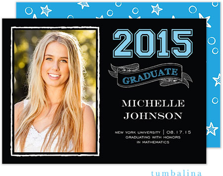 Tumbalina Graduation Invitations/Announcements - Grad Chalkboard Banner (Black & Blue - Photo) (Grad