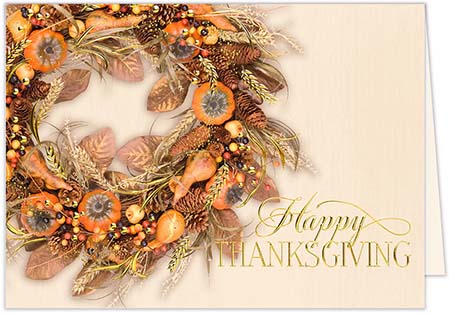 Thanksgiving Greeting Cards by Carlson Craft - Colors of Autumn Wreath with Foil